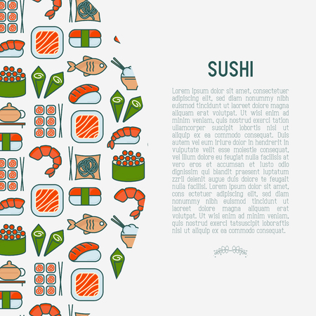 Japanese food concept with thin line icons of sushi, noodles, tea, rolls, shrimp, fish, sake. Vector illustration for banner, web page or print media.のイラスト素材