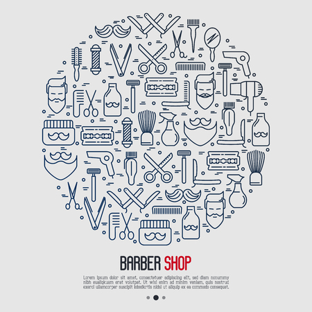 Monochrome barber shop concept in circle with thin line icons of shaving accessories. Vector illustration for web page, banner, print media.のイラスト素材