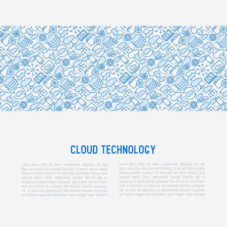 Cloud computing technology concept with thin line icons related to hosting, server storage, cloud management, data security, mobile and desktop memory.のイラスト素材