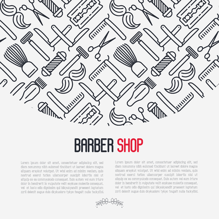 Monochrome barber shop concept with thin line icons of shaving accessories and place for text insideのイラスト素材