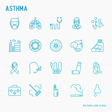 Asthma thin line icons set: air pollution, smoking, respirator, therapist, inhaler, bronchi, allergy symptoms and allergens. Vector illustration.のイラスト素材