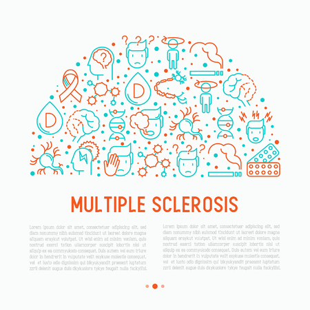 Multiple sclerosis concept in half circle with thin line icons of symptoms and treatmentsのイラスト素材