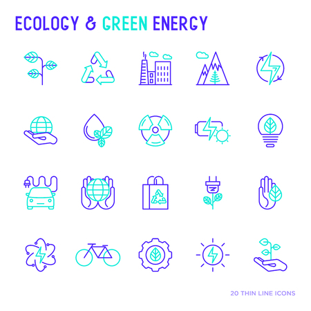 Ecology and green energy thin bicolor line icons for environmental, recycling, renewable energy, nature. Modern vector illustration.のイラスト素材