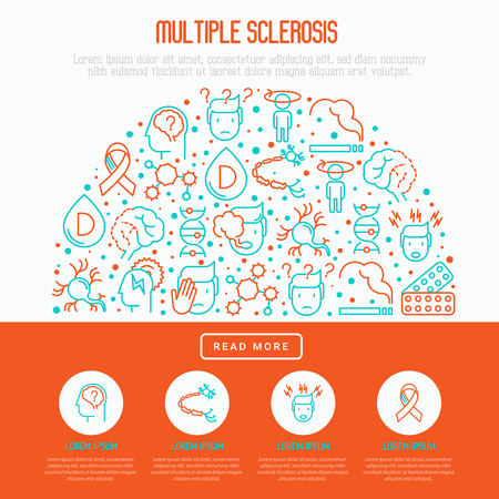 Multiple sclerosis concept in half circle with thin line icons of symptoms and treatments: disorientation, heredity, neuron myelin sheaths, vitamin D. Vector illustration for banner, web page.のイラスト素材