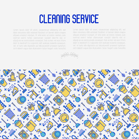 Cleaning service concept with thin line icons: iron, washer, robot vacuum cleaner, brushes and other accessories for household. Vector illustration for banner, web page, print media.のイラスト素材
