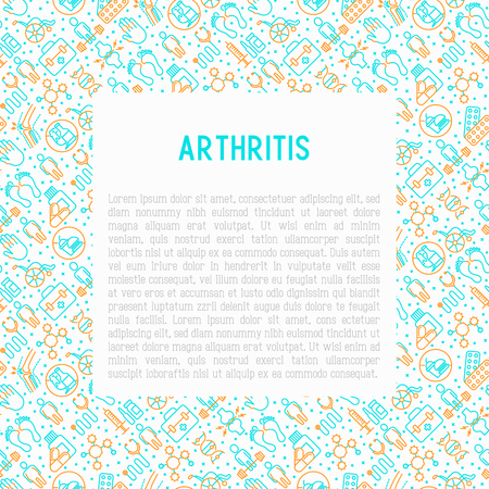 Arthritis concept with thin line icons of symptoms and treatments: pain in joints, obesity, fast food, alcohol, medicine, wheelchair. Vector illustration for banner, web page, print media.のイラスト素材