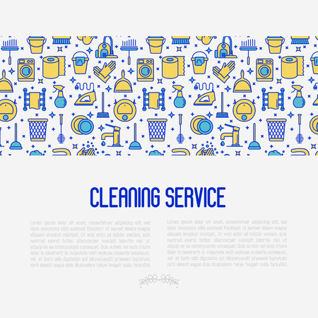 Cleaning service concept with thin line icons: iron, washer, robot vacuum cleaner, brushes and other accessories for household. Vector illustration for banner, web page, print media.のイラスト素材