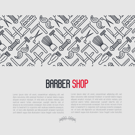 Monochrome barber shop concept with thin line icons of shaving accessories and place for text inside. Vector illustration for web page, banner, print media.のイラスト素材