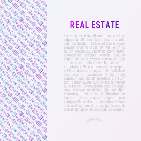 Real estate concept with thin line houses and trees. Modern vector illustration for background of banner, web page, print media.のイラスト素材