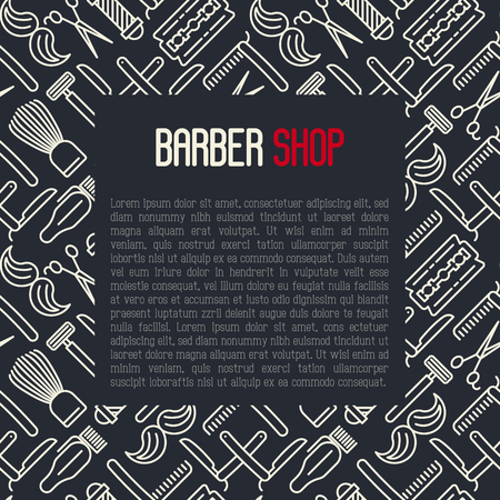 Barber shop concept with thin line icons of shaving accessories and place for text inside. Vector illustration for web page, banner, print media.のイラスト素材