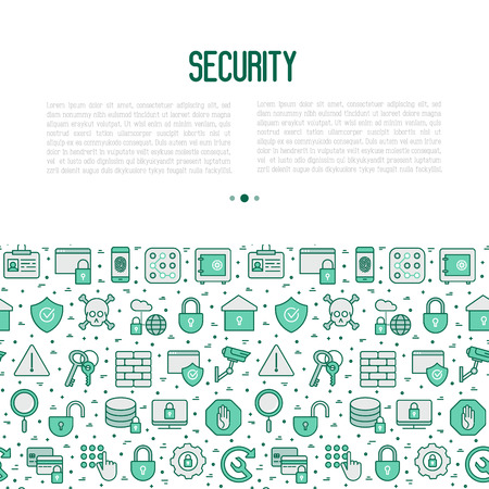 Security and protection concept with thin line icons: data, surveillance camera, finger print, electronic key, password, alarm, safe. Vector illustration for banner, web page, print media.のイラスト素材