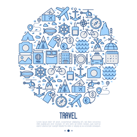 Travel and vacation concept in circle with thin line icons: plane, tickets, hotel, sights and place for text. Vector illustration for banner, web page, print media.のイラスト素材