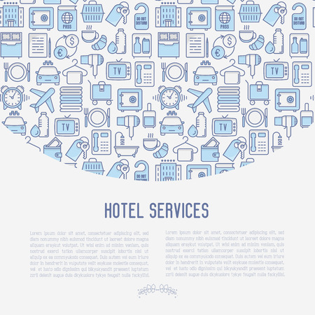 Hotel services concept with thin line icons of facilities in room. Vector illustration for banner, web page, print media.のイラスト素材
