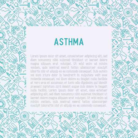World asthma day concept with thin line icons: air pollution, smoking, respirator, therapist, inhaler, bronchi, allergy symptoms and allergens. Vector illustration for banner, web page, print media.のイラスト素材