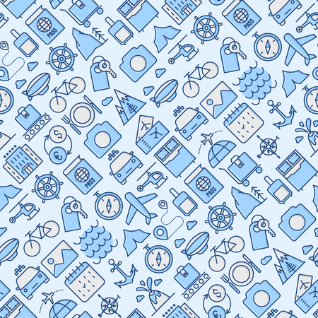 Travel and vacation seamless pattern with thin line icons: plane, tickets, hotel, sights. Vector illustration for banner, web page, print media.のイラスト素材