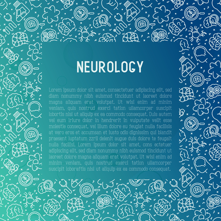 Neurology concept with thin line icons: brain, neuron, neural connections, neurologist, magnifier. Vector illustration for background of medical survey or report with place for text.のイラスト素材
