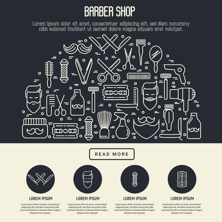 Barber shop concept in half circle with thin line icons of shaving accessories and place for text inside. Vector illustration for web page, banner, print media.のイラスト素材
