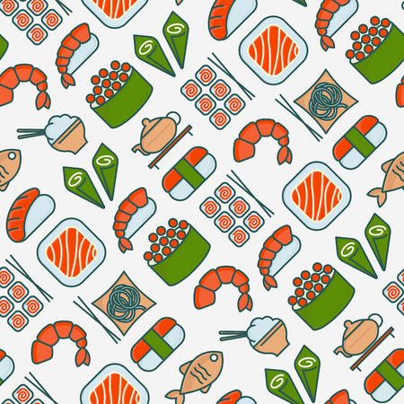 Japanese food seamless pattern with thin line icons of sushi, noodles, tea, rolls, shrimp, fish, sake. Vector illustration for banner, web page or print media. のイラスト素材
