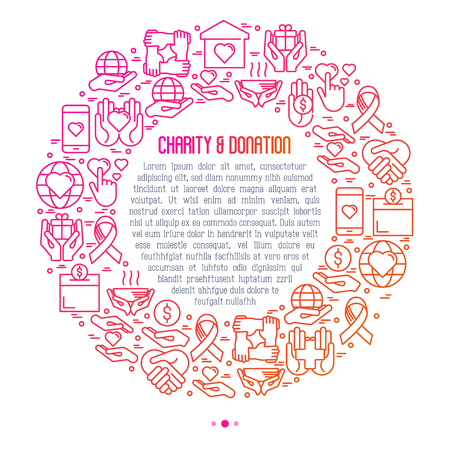 Charity and donation concept in circle with thin line icons related to nonprofit organizations, fundraising, crowdfunding and charity project. Vector illustration for banner, print media.のイラスト素材