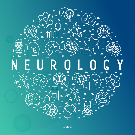 Neurology concept in circle with thin line icons: brain, neuron, neural connections, neurologist, magnifier. Vector illustration for background of medical survey or report.のイラスト素材