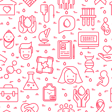 Blood donation seamless pattern with thin line icons and place for text. World blood donor day. Vector illustration for web page, banner, print media.のイラスト素材