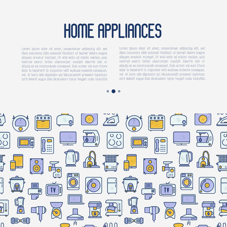 Home appliances concept with thin line icons: refrigerator, coffee machine, microwave, fryer. Household vector illustration for banner, web page, print media. のイラスト素材