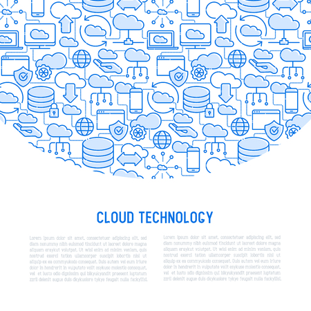 Cloud computing technology concept with thin line icons related to hosting, server storage, cloud management, data security, mobile and desktop memory. Vector illustration.のイラスト素材
