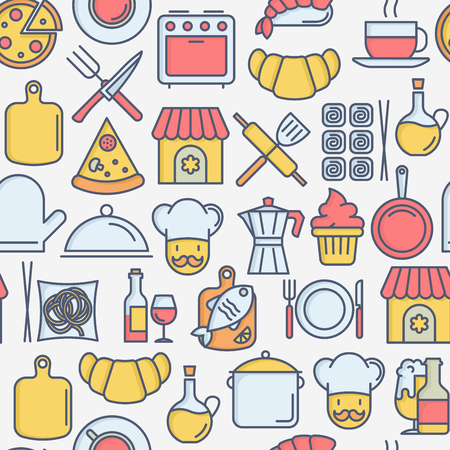 Restaurant concept seamless pattern with thin line icons: chef, kitchenware, food, beverages for menu or print media. Vector illustration for banner, web page.のイラスト素材
