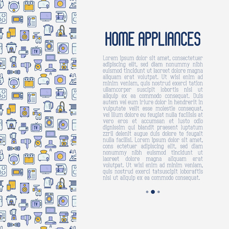 Home appliances concept with thin line icons: refrigerator, coffee machine, microwave, fryer. Household vector illustration for banner, web page, print media.のイラスト素材