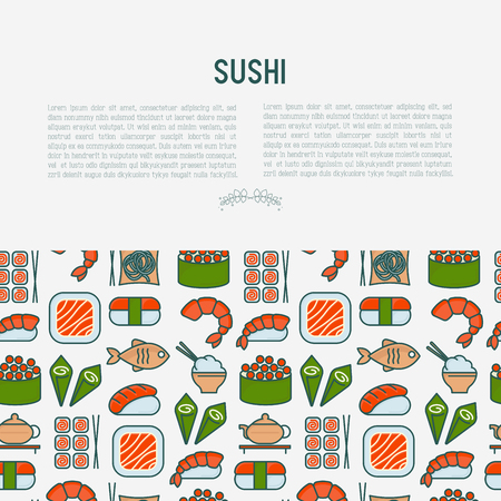 Japanese food concept with thin line icons of sushi, noodles, tea, rolls, shrimp, fish, sake. Vector illustration for banner, web page or print media.のイラスト素材