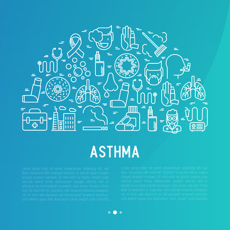 World asthma day concept with thin line icons: air pollution, smoking, respirator, therapist, inhaler, bronchi, allergy symptoms and allergens. Vector illustration for banner, web page, print media.のイラスト素材