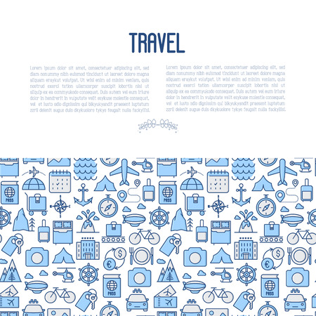 Travel and vacation concept with thin line icons: plane, tickets, hotel, sights and place for text. Vector illustration for banner, web page, print media.のイラスト素材