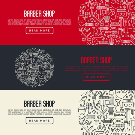 Barber shop concept with thin line icons of shaving accessories. Vector illustration for web page, banner, print media.のイラスト素材