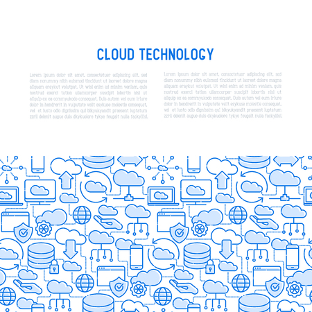 Cloud computing technology concept with thin line icons related to hosting, server storage, cloud management, data security, mobile and desktop memory. Vector illustration.のイラスト素材