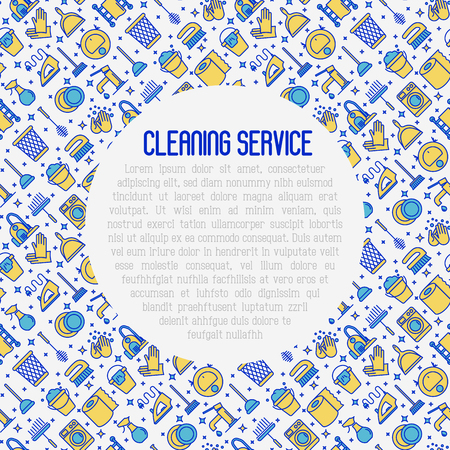 Cleaning service concept with thin line icons: iron, washer, robot vacuum cleaner, brushes and other accessories for household. Vector illustration for banner, web page, print media.のイラスト素材