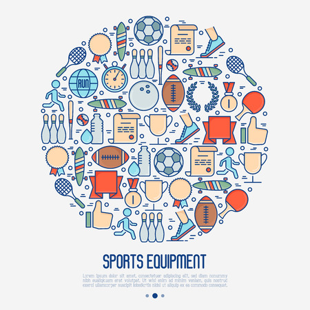 Sport equipment concept in circle with thin line sport and winning games icons. Vector illustration for banner, web page, print media.のイラスト素材