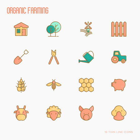 Organic farming thin line icons set of animals, tools and symbols for eco products, farming flyers and banners. Agriculture vector illustration.のイラスト素材
