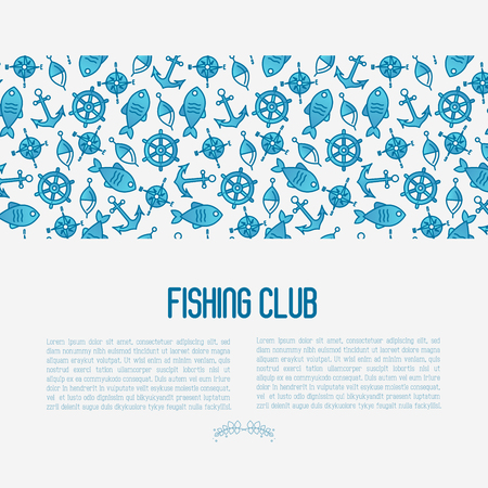 Fishing club concept with fish, bobber and anchor. Marine background with thin line icons. Template for design banners, postcard, invitation.のイラスト素材