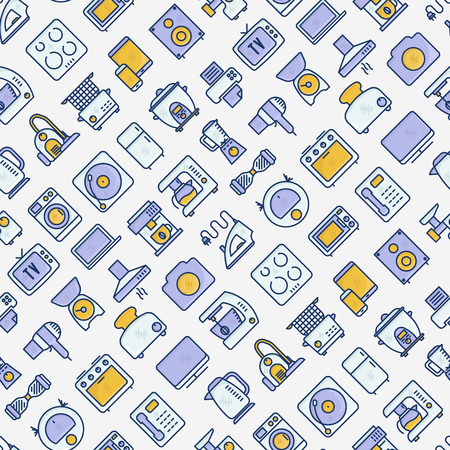 Home appliances seamless pattern with thin line icons: refrigerator, coffee machine, microwave, fryer. Household vector illustration for banner, web page, print media.のイラスト素材