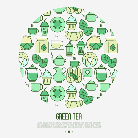 Green tea ceremony and sale of tea beverages concept in circle with thin line icons. Vector illustration for web page, banner and print media.のイラスト素材