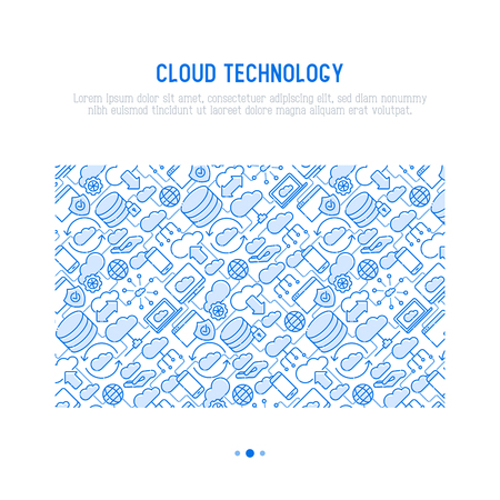 Cloud computing technology concept with thin line icons related to hosting, server storage, cloud management, data security, mobile and desktop memory. Vector illustration.のイラスト素材