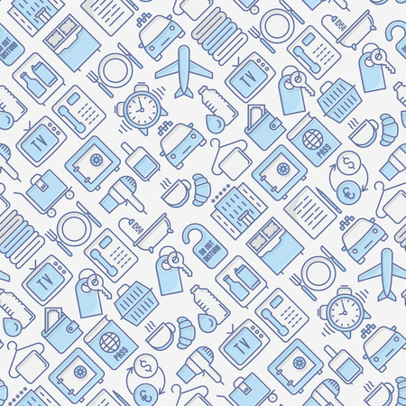 Hotel services seamless pattern with thin line icons of facilities in room. Vector illustration for background of banner, web page, print media.のイラスト素材