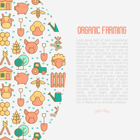 Organic farming concept with thin line icons of animals, tools and symbols for eco products, farming flyers and banners. Agriculture vector illustration for web page, print media.のイラスト素材