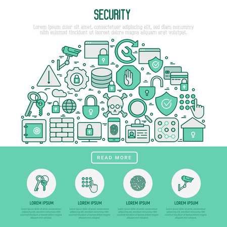 Security and protection in half circle concept with thin line icons: data, surveillance camera, finger print, electronic key, password, alarm, safe. Vector illustration for banner, web pageのイラスト素材