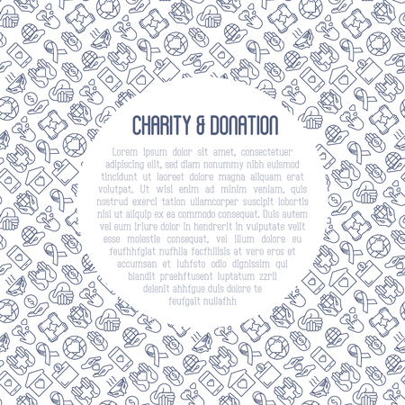 Charity and donation concept with thin line icons related to nonprofit organizations, fundraising, crowdfunding and charity project. Vector illustration for banner, print media with place for text.のイラスト素材