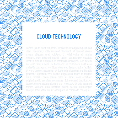 Cloud computing technology concept with thin line icons related to hosting, server storage, cloud management, data security, mobile and desktop memory. Vector illustration.のイラスト素材