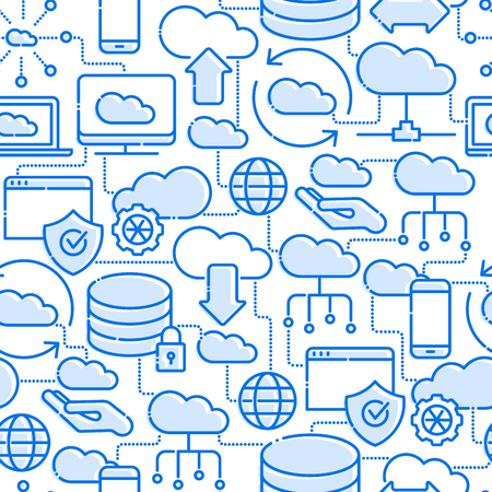 Cloud computing technology seamless pattern with thin line icons related to hosting, server storage, cloud management, data security, mobile and desktop memory. Vector illustration.のイラスト素材