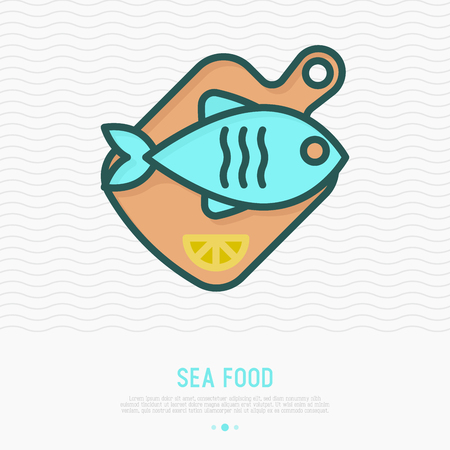 Fish on wooden cutting board with lemon thin line icon. Element for logo of fish restaurant or healthy seafood. Simple vector illustration.のイラスト素材