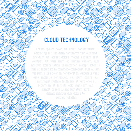 Cloud computing technology concept with thin line icons related to hosting, server storage, cloud management, data security, mobile and desktop memory. Vector illustration.のイラスト素材