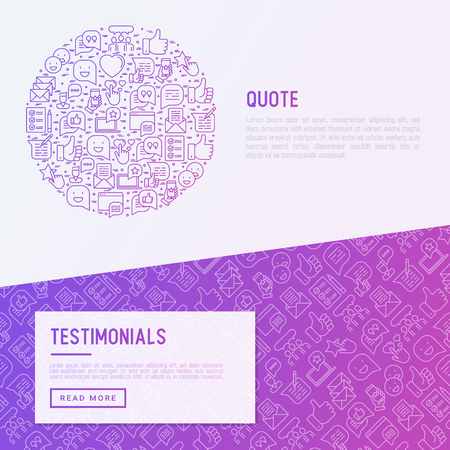 Testimonials and quote concept with thin line icons of review, feedback, survey, comment. Vector illustration for banner, web page, print media with place for text.のイラスト素材